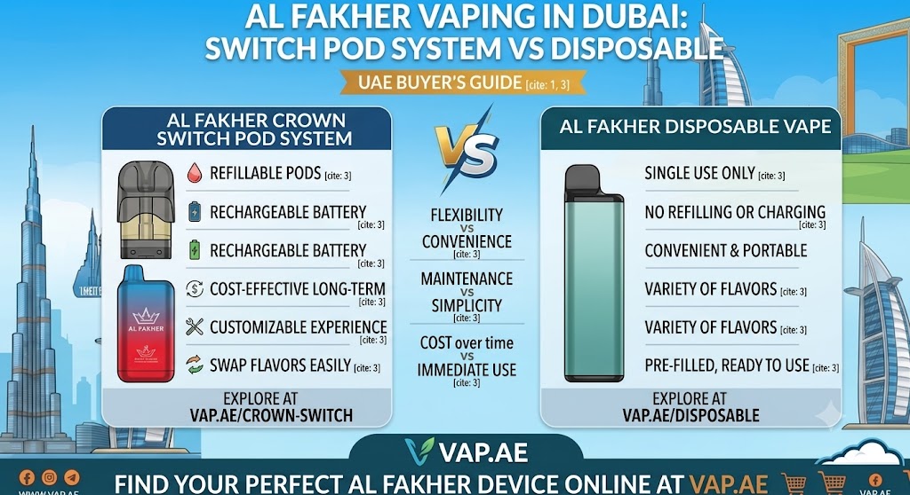 make an image for "Al Fakher Crown Switch Pod System vs Al Fakher Disposable Vape in Dubai UAE" for vap.ae